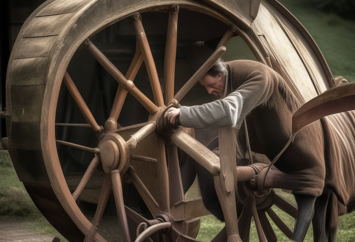 turning the old wheel of a horse-drawn cart