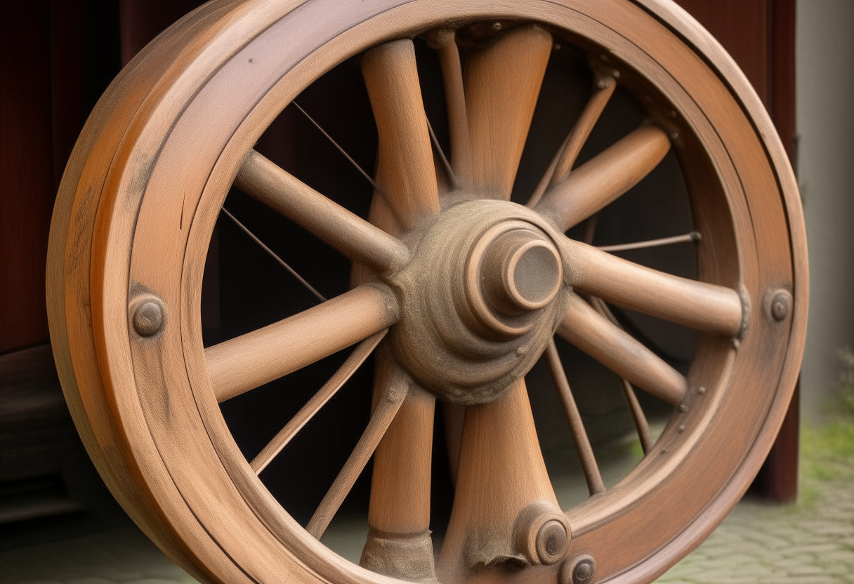 a wooden wheel from a horse-drawn carriage