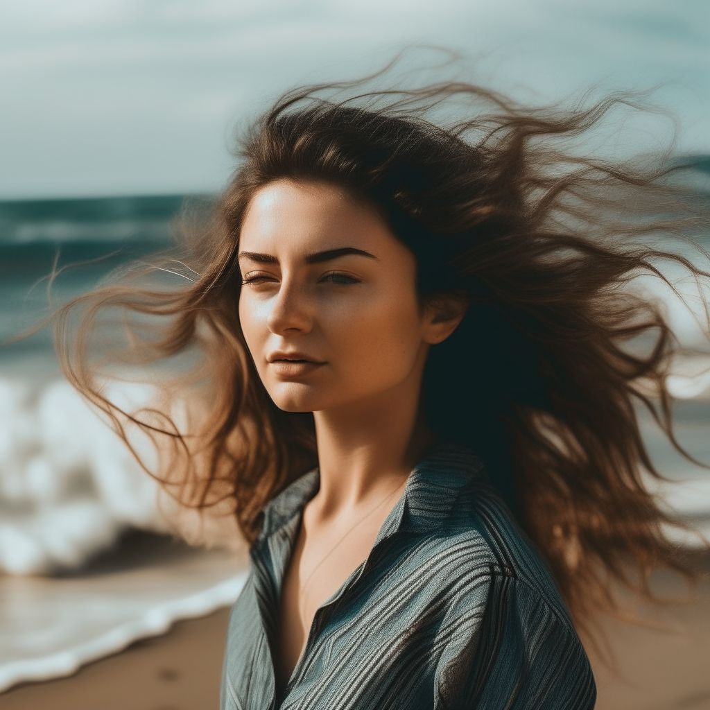 A beautiful woman on the beach with medium waves moving behind her 