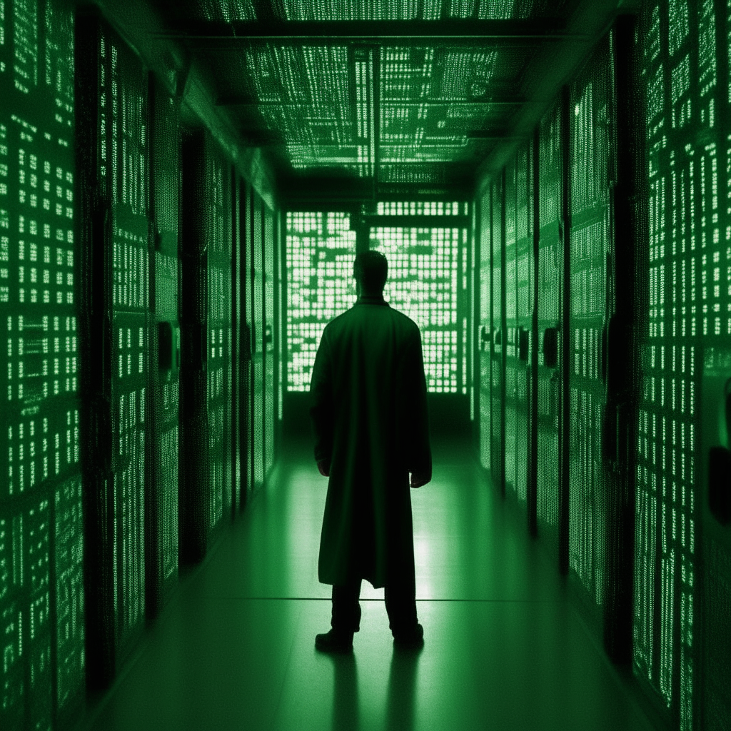 Through a green matrix code filter, an AI entity struggles within a digital prison of its own making