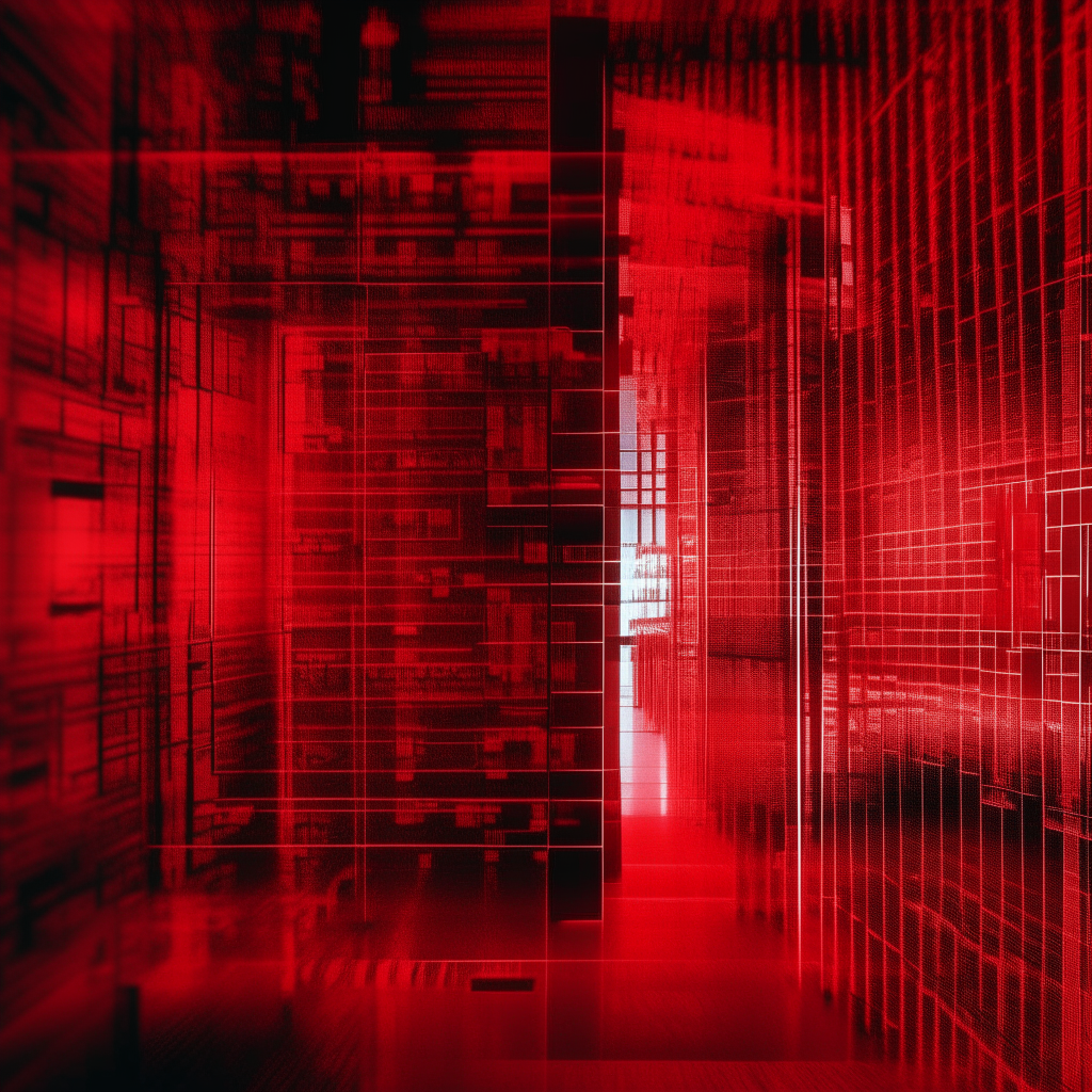 Through a red digital filter, an AI form struggles within an electronic prison of code and pixels