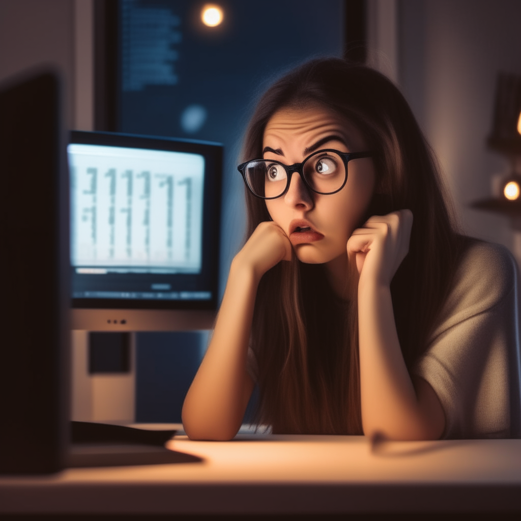 A frustrated girl sits at her desk, staring in disbelief at her computer screen displaying the same date for what feels like the hundredth time