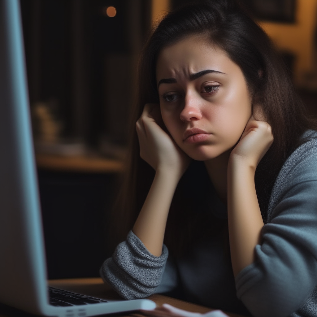 With her chin resting in her hand, a girl stares at her computer in annoyance, tired of waking up to the same day over and over