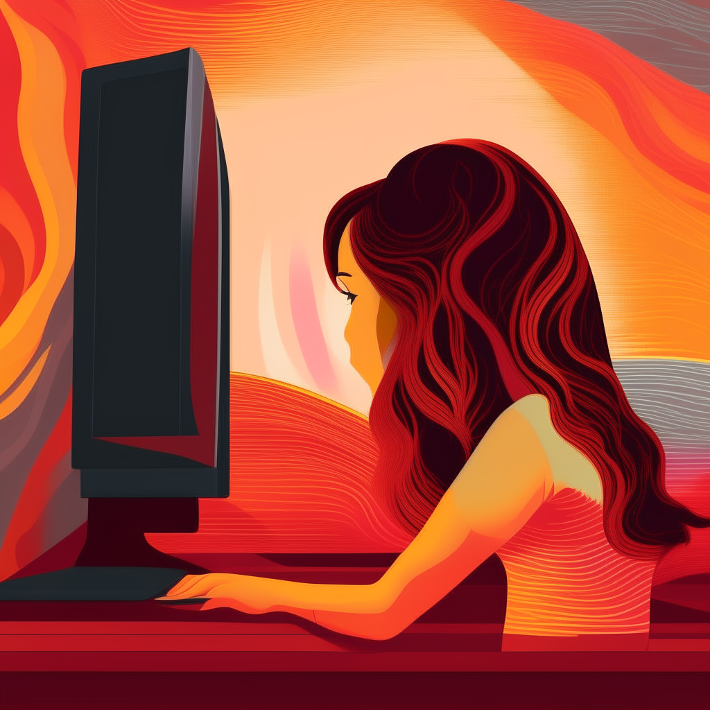 a girl sits at her computer with wavy red and orange stripes across her display