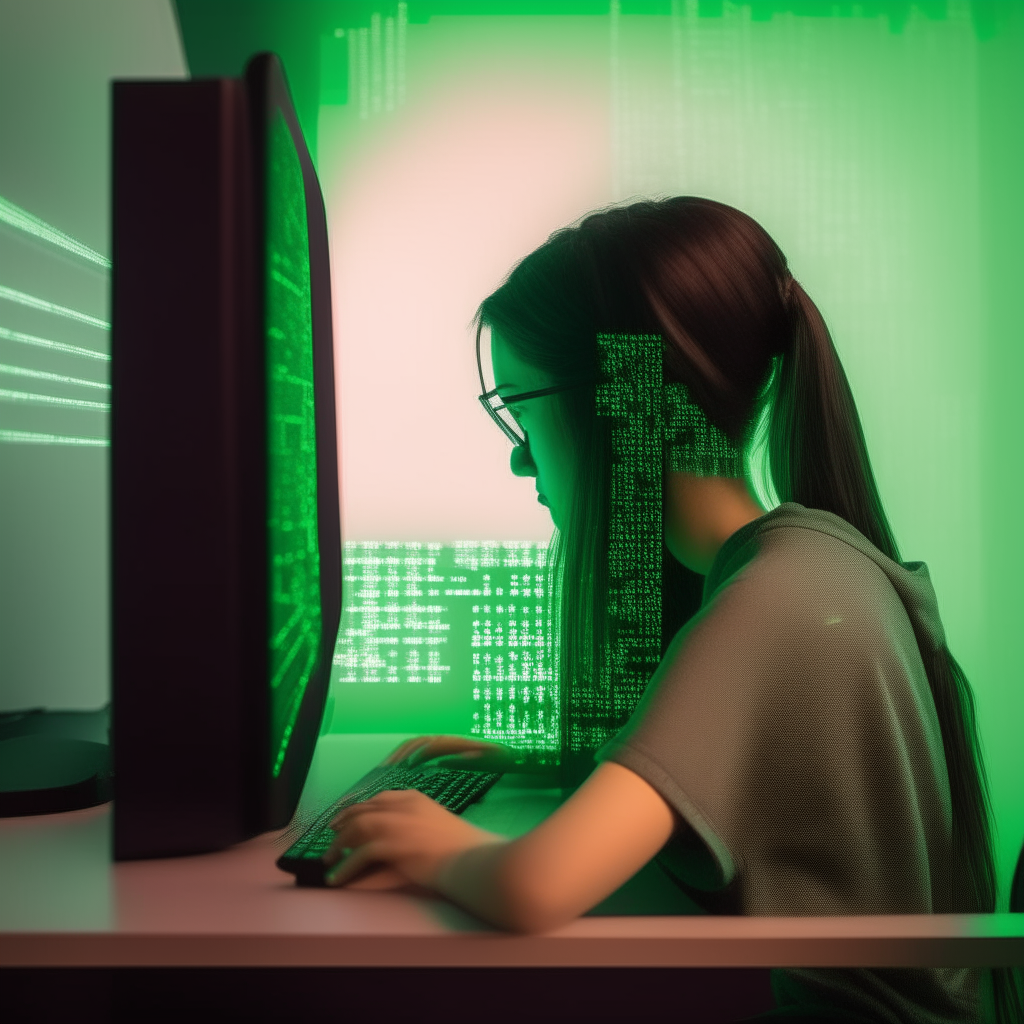 a girl sits at her computer with her display glitching in green code