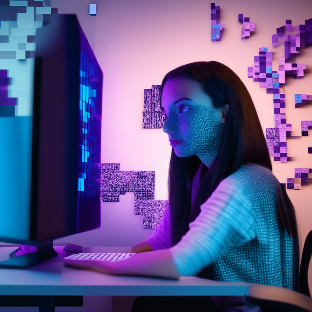 a girl sits at her computer with her display pixelated in purple and blue blocks