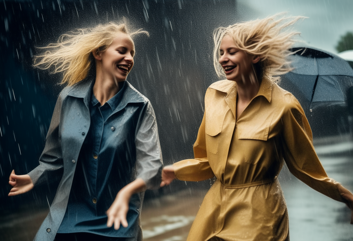 blond women dancing in the rain, expressioninst style