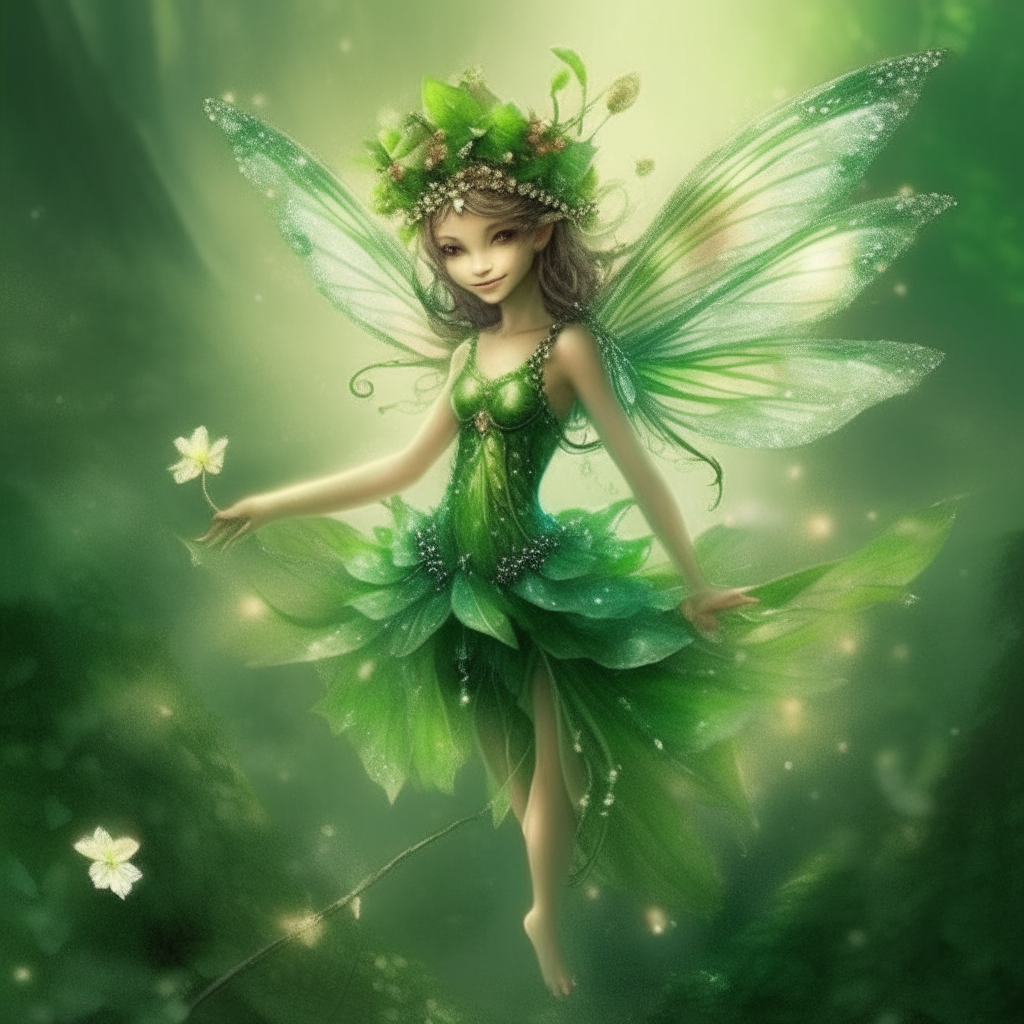 radiant emerald fairies with wings that sparkled like the morning dew, and she was the protector of the delicate woodland blossoms. a green beautiful fairies. cute