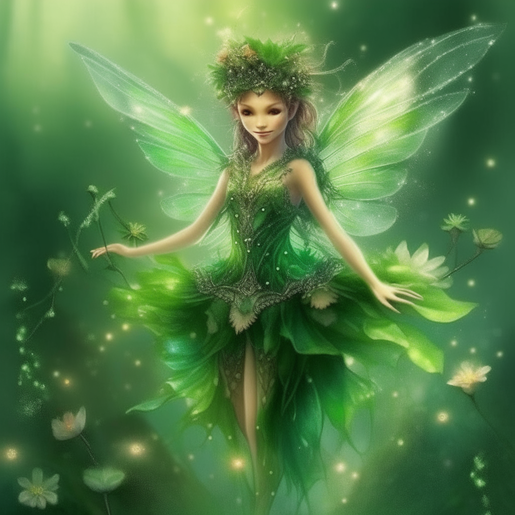 radiant emerald fairies with wings that sparkled like the morning dew, and she was the protector of the delicate woodland blossoms. a green beautiful fairies. cute. make it real