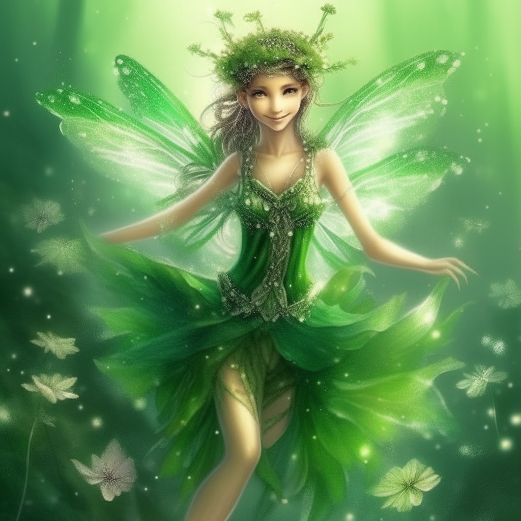 radiant emerald fairies with wings that sparkled like the morning dew, and she was the protector of the delicate woodland blossoms. a green beautiful fairies. cute. make it like real person fairies