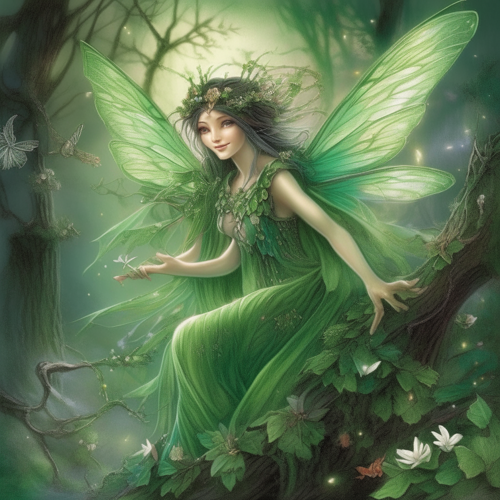 Willow was known for her radiant emerald wings fairies that sparkled like the morning dew, and she was the protector of the delicate woodland blossoms with a lot of flowers