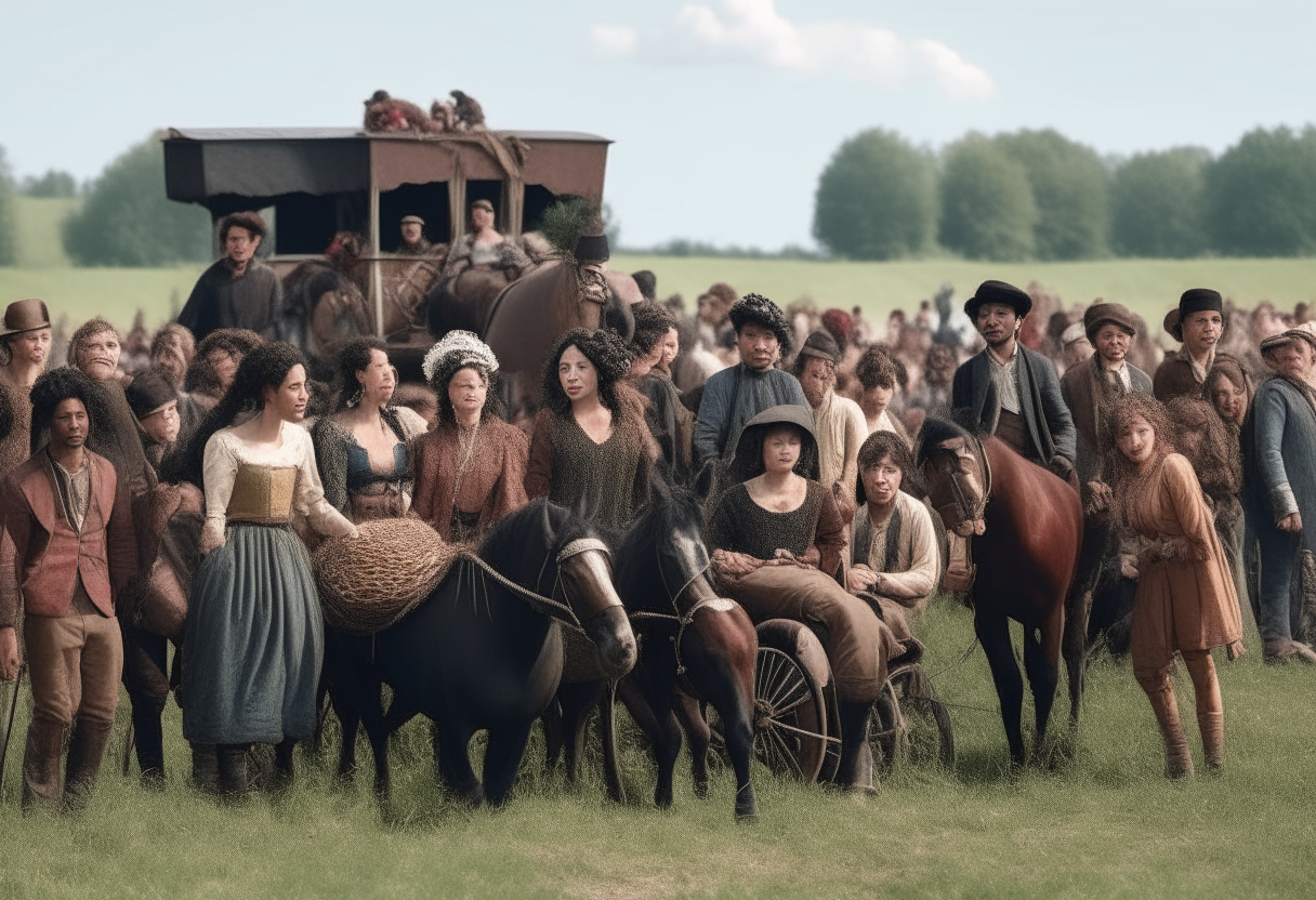 a large group of dark-skinned people - gypsies, having fun in the meadow, horses and horse-drawn carriages in the background