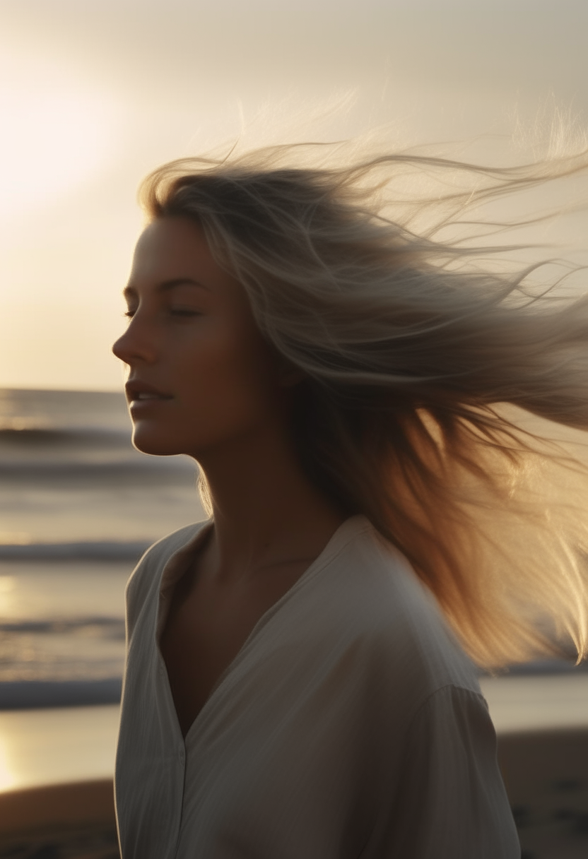 With a very clear panoramic photograph of a beautiful blonde-haired woman, her hair is blown by the wind and moves at a moderate degree as she walks on the beach, with the waves behind her moving at a moderate degree at sunset, and the mood is normal. 