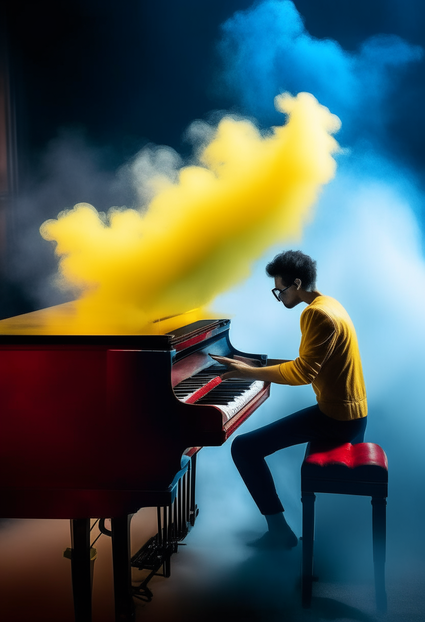 Ultra clear image of a man playing and playing the musical instrument piano in a private place with yellow, red and blue colors and a background of smoke rising and moving in blue color in a normal mood alone 