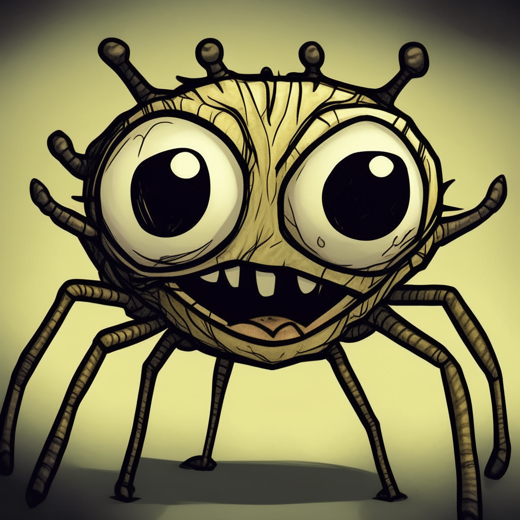 a cartoon spider from the video game Don't Starve, with big eyes and a friendly smile