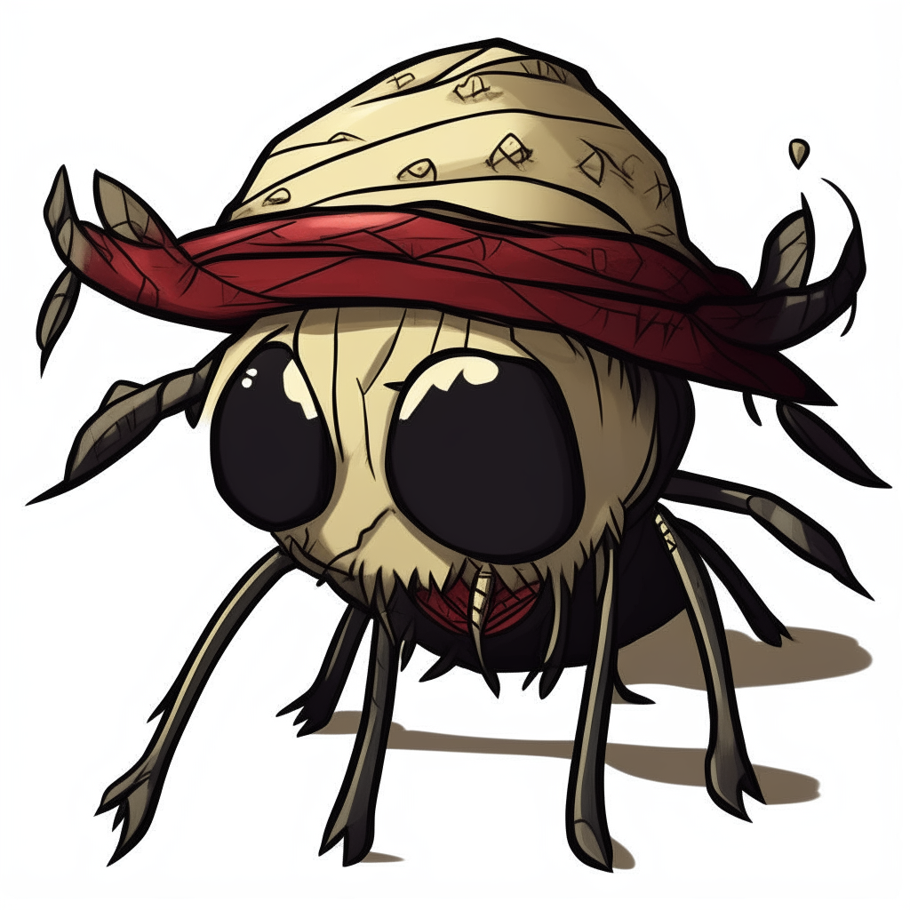 a cartoon spider from Don't Starve wearing a little hat and scarf, keeping warm