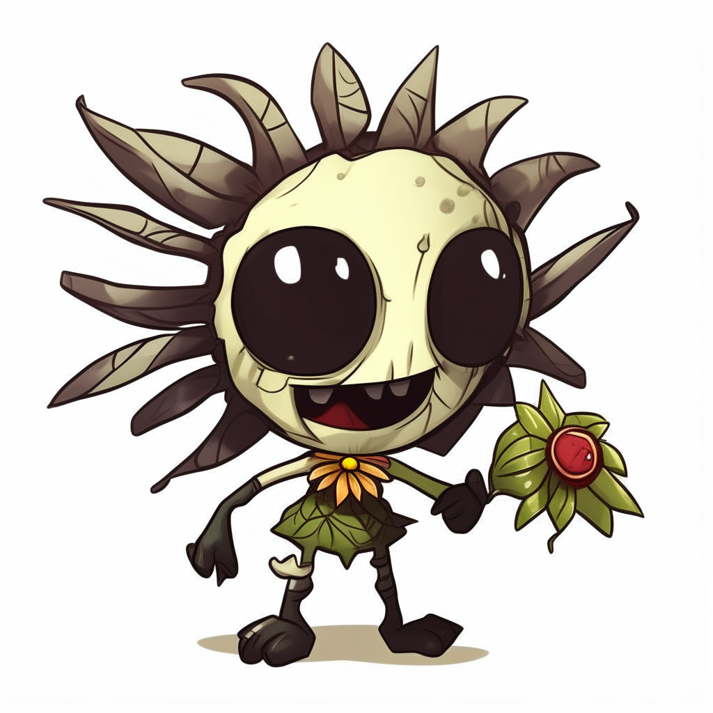 a chibi-style spider from Don't Starve holding a flower, big eyes and smile