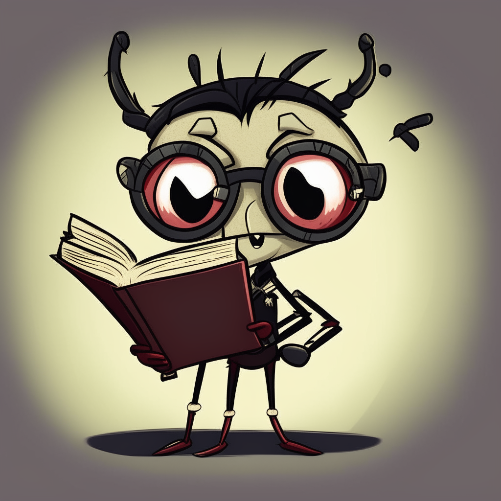 a cartoon spider from Don't Starve wearing oversized glasses and holding a book