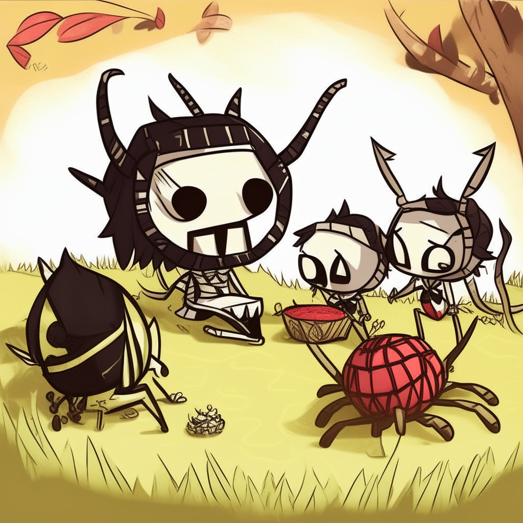 a chibi spider from Don't Starve picnicking with friends on a sunny day