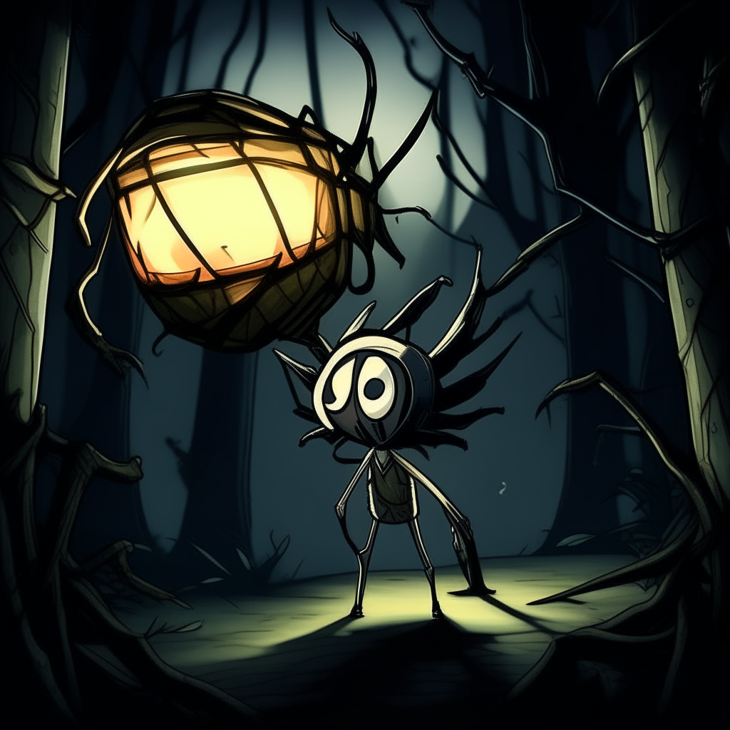 a cartoon spider from Don't Starve holding a lantern and walking through a dark forest