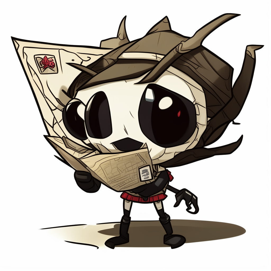 a chibi spider from Don't Starve wearing explorer gear and holding a map