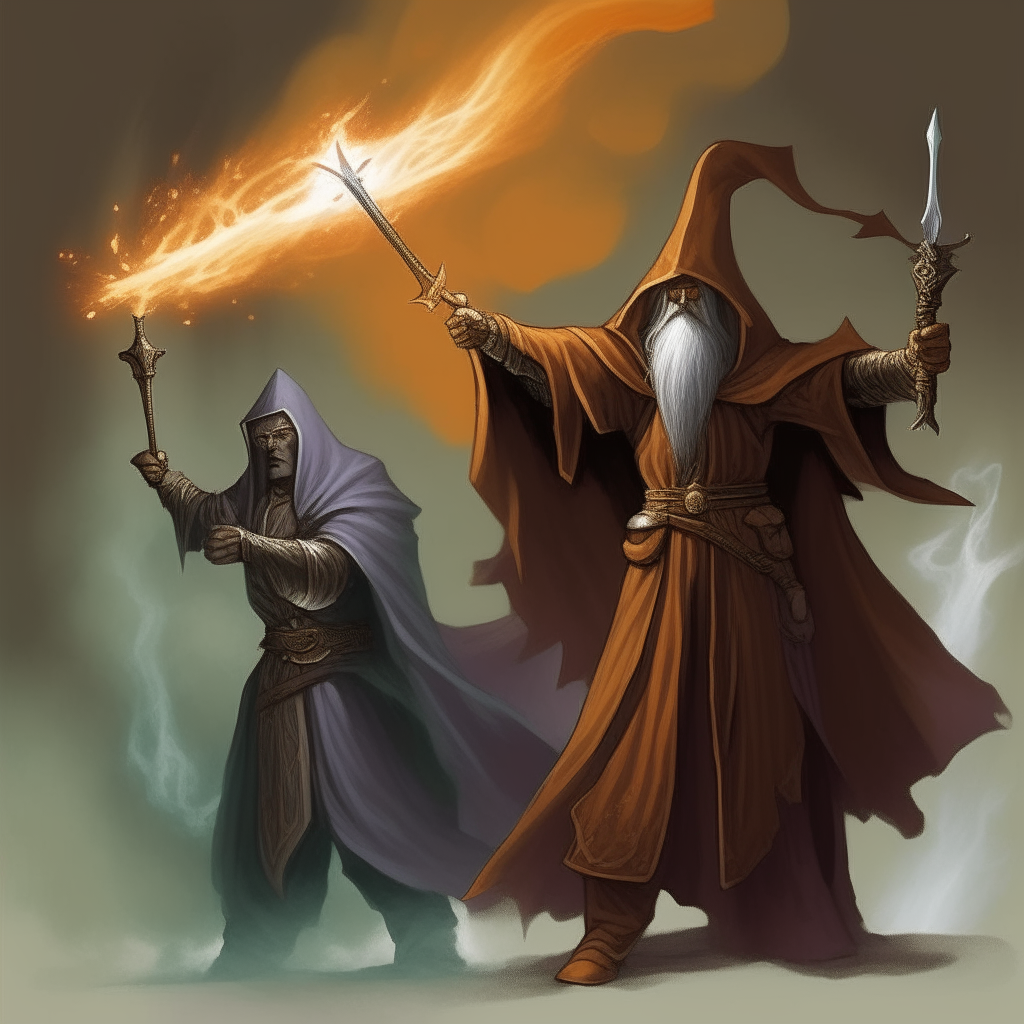 A wizard in flowing robes casting a spell, while a knight in armor stands ready with sword