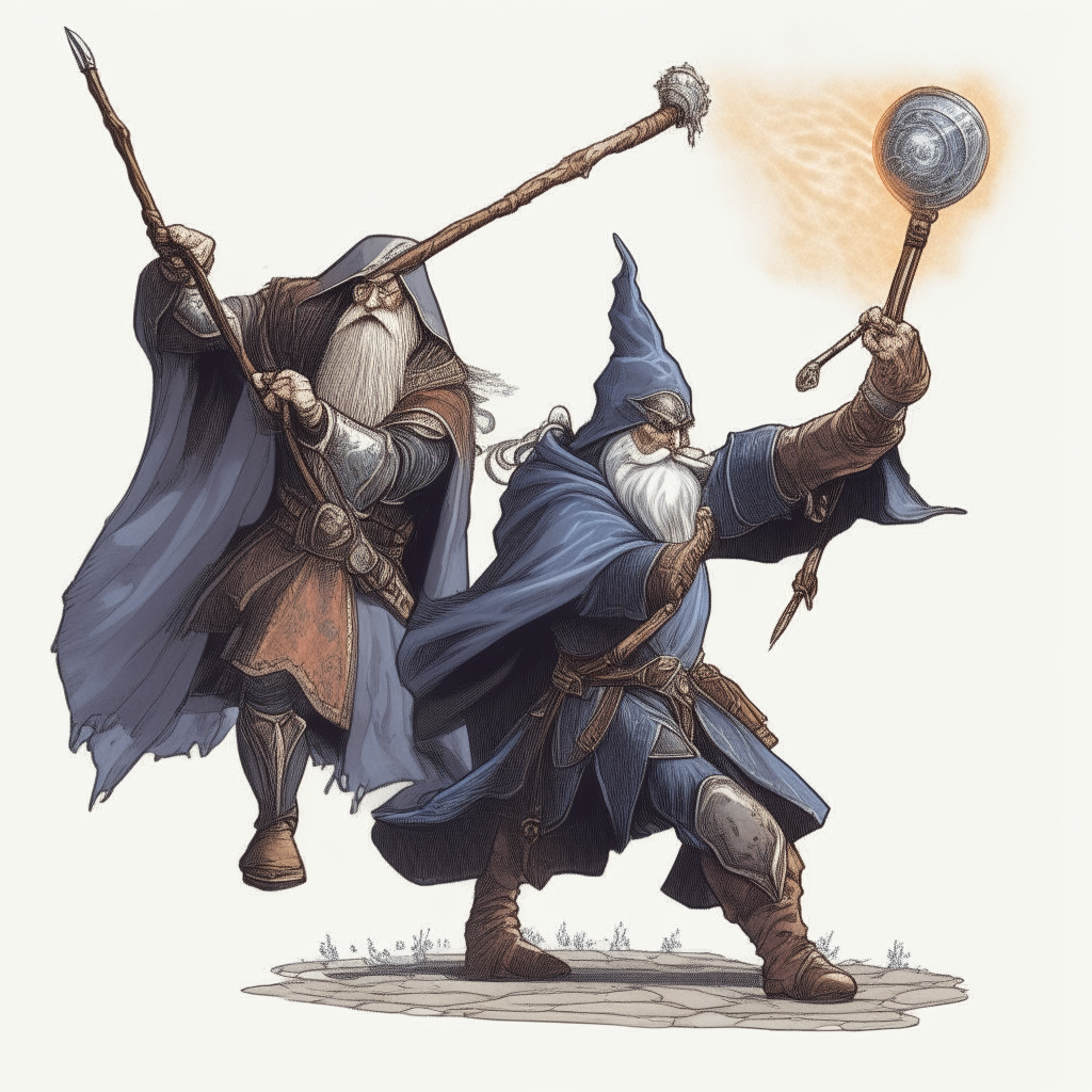 The wizard takes aim with an ornate staff as the knight blocks with shield