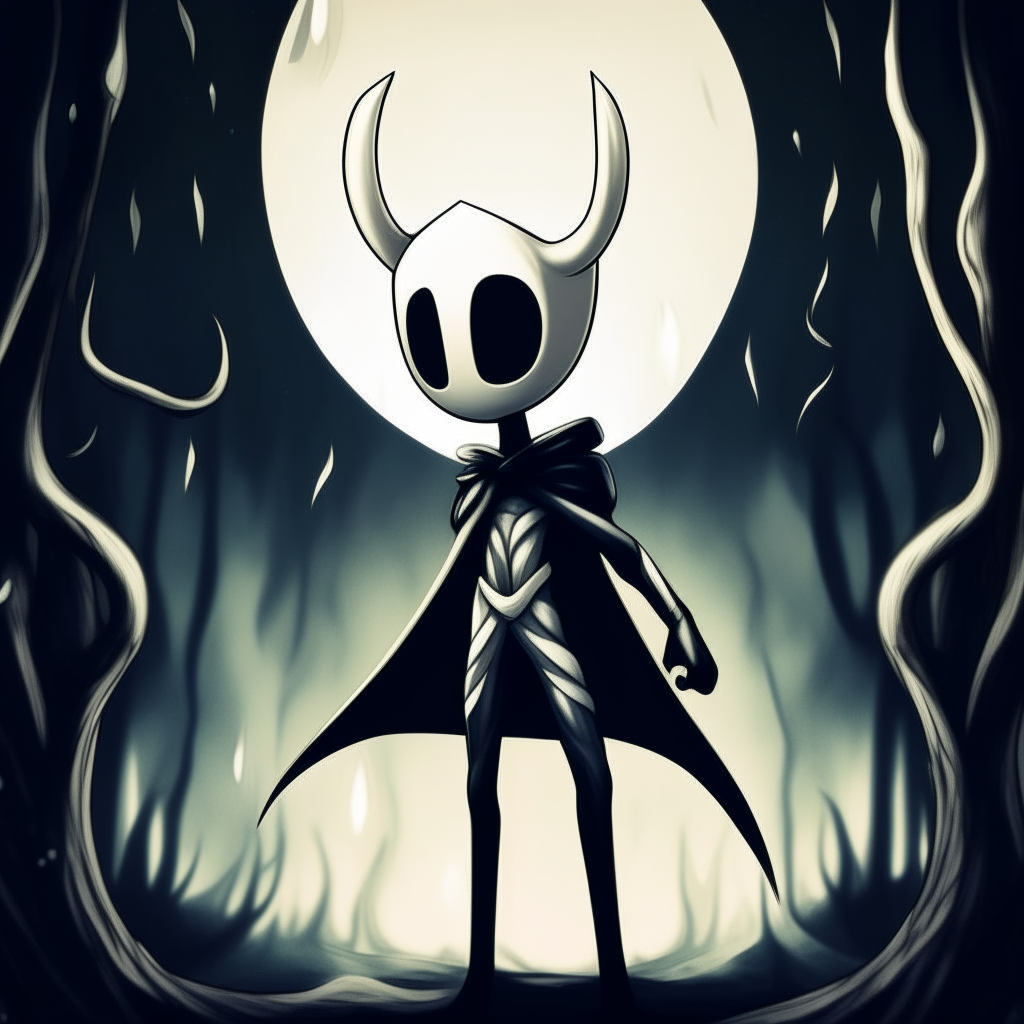 A detailed illustration of Hollow Knight standing tall with cape and nail