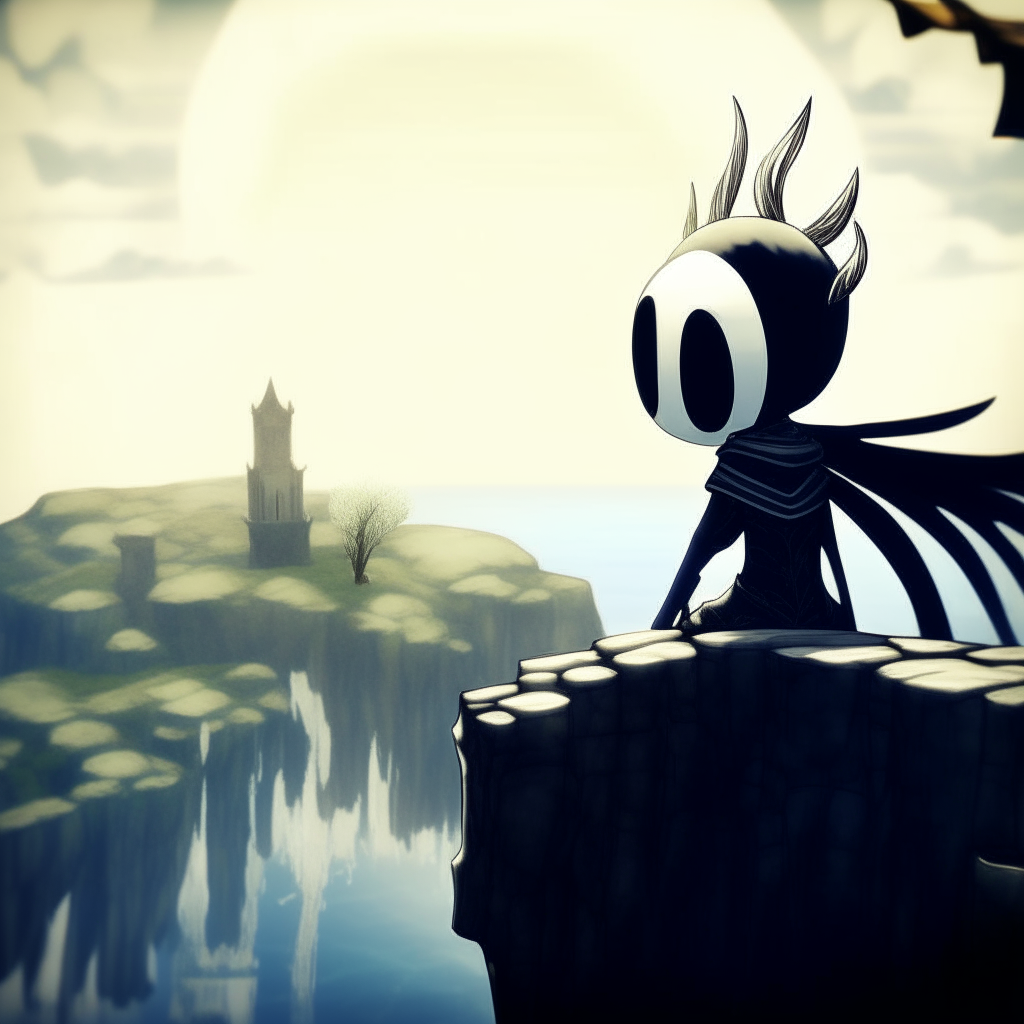 Hollow Knight looks out over an ancient kingdom from a cliff edge