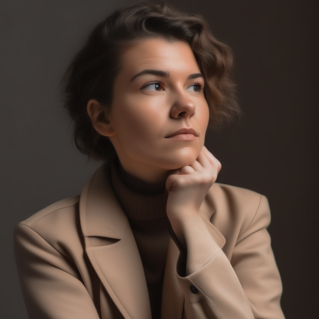 A woman in a tan jacket posing with one hand on her chin