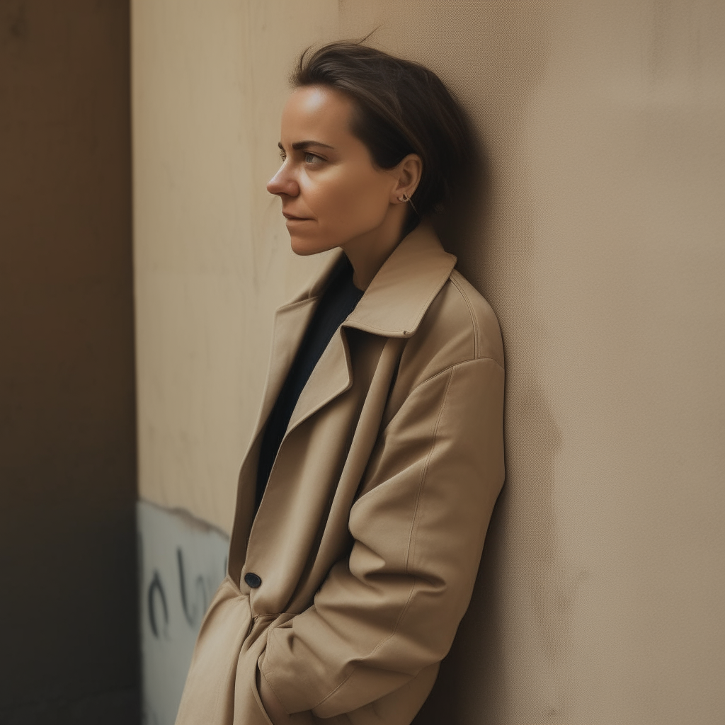 A woman in a tan jacket posing by leaning against a wall