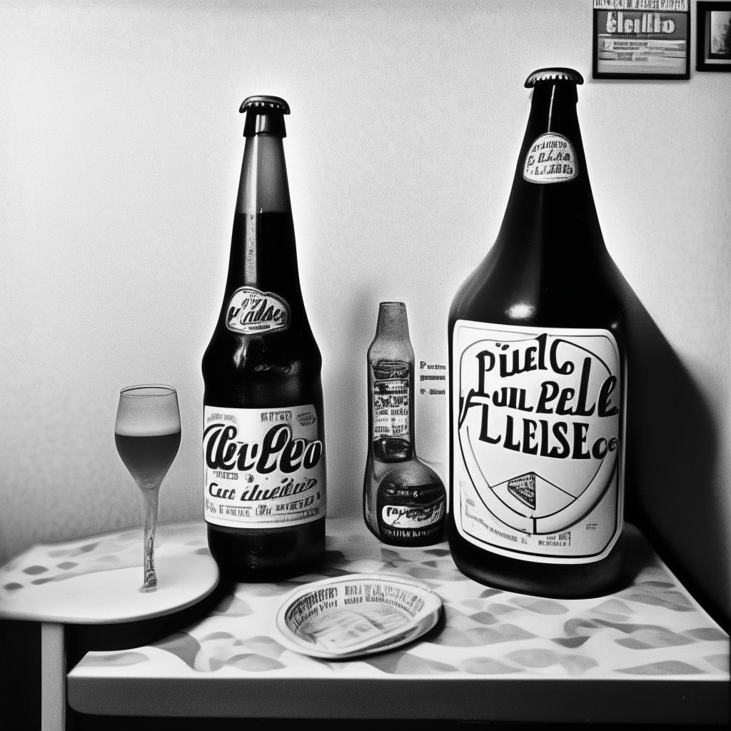 Un cartel publicitario en blanco y negro de los años 40. En letras grandes y elegantes se lee 'Refrescos Burbujeantes'. Debajo, una botella de refresco con burbujas y una familia sonriente alrededor de una mesa.