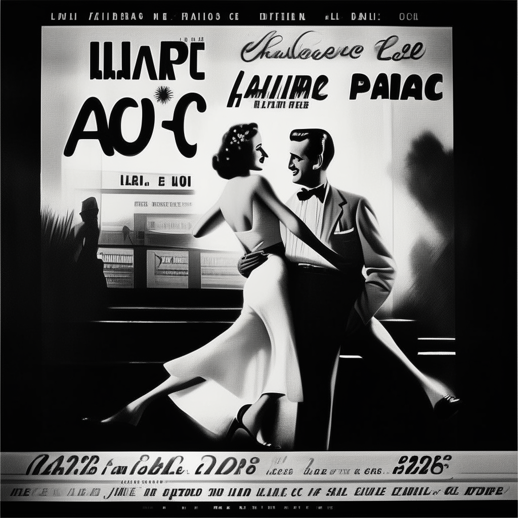 Cartel publicitario en blanco y negro de los años 20. En letras grandes y elegantes se lee 'Cine Paraíso'. Debajo, siluetas bailando al son de la música y una pareja besándose frente a la gran pantalla.