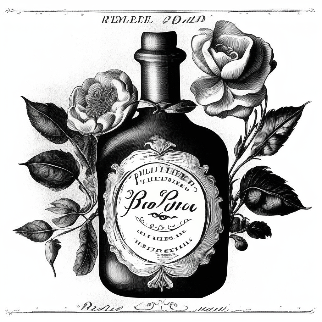 Etiqueta vintage en blanco y negro para una fragancia. En la parte superior, una rosa rodeada de gotas de rocío. Debajo, en letras cursivas, 'El aroma de la belleza'