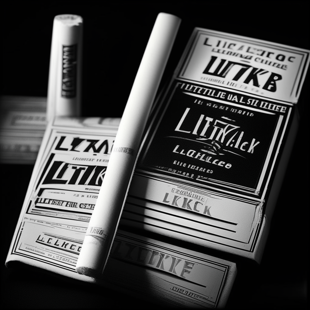 Etiqueta en blanco y negro para cigarrillos de los años 30. En la parte superior, el logotipo de la marca 'Lucky Strike' en letras grandes y elegantes. Debajo, la frase 'El placer de fumar' en un estilo de letra clásico.