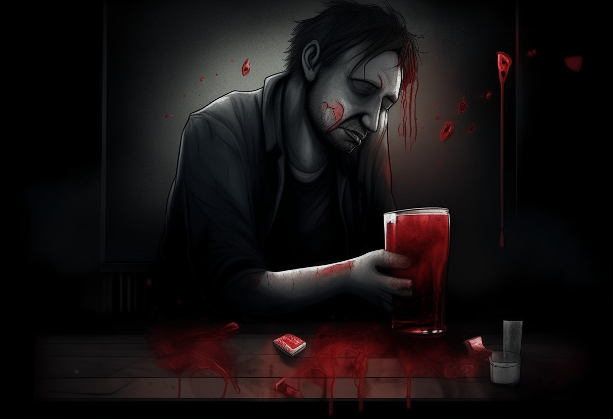 man drinking beer , broken red hearts, sadness, dark ambiance, concept by Godfrey Blow, featured on deviantart, drawing, sots art, lyco art, artwork, photoillustration, poster art