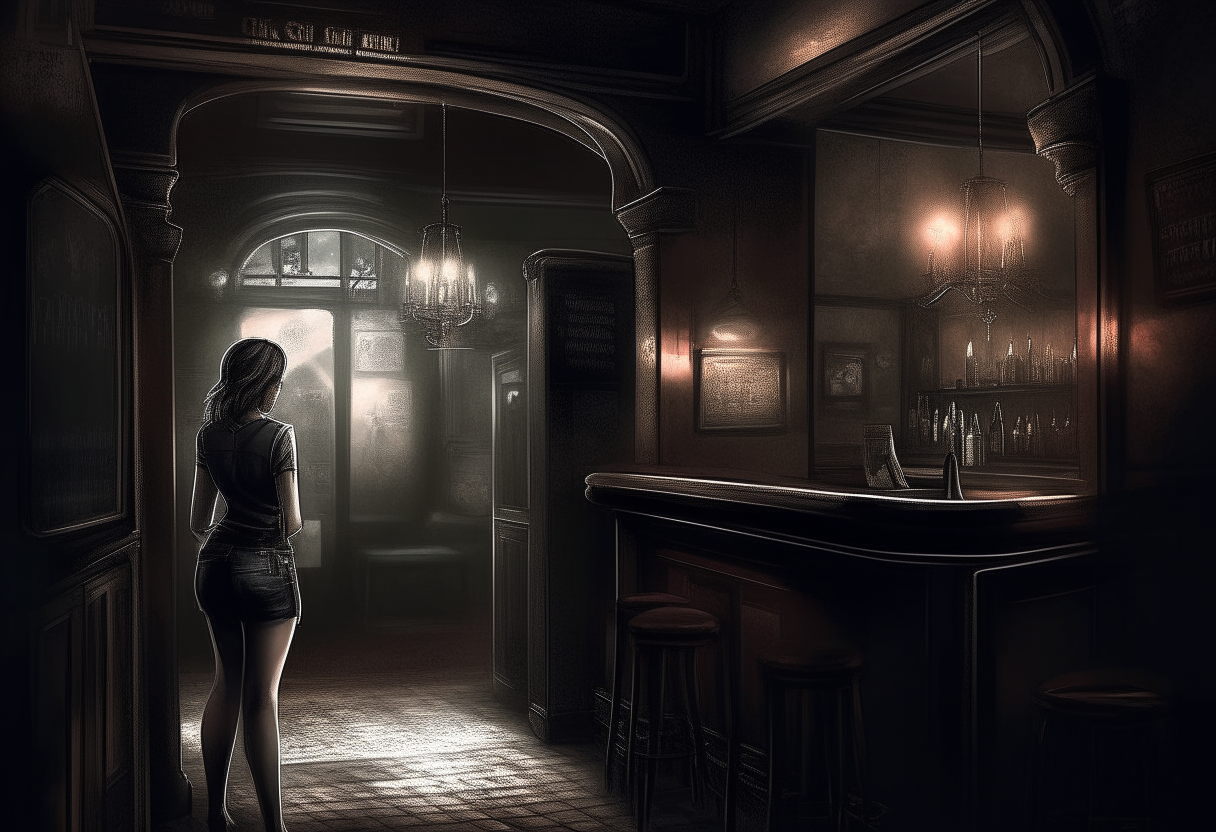 a beautiful woman enters a pub, interior view, dark ambiance, concept by Godfrey Blow, featured on deviantart, drawing, sots art, lyco art, artwork, photoillustration, poster art