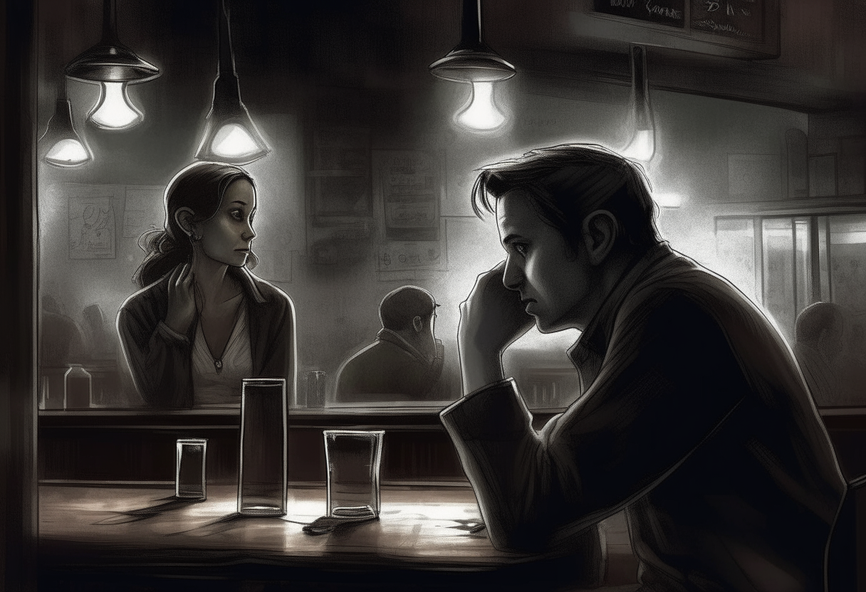 a wonderfull woman watches a man drink alone in the pub, hearts fluttering around the man, sadness, dark ambiance, concept by Godfrey Blow, featured on deviantart, drawing, sots art, lyco art, artwork, photoillustration, poster art