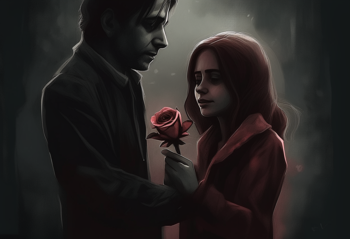a man giving a rose to a woman, conveying friendship, love, and sadness, in a dark ambiance, digital art concept by Godfrey Blow in sots art and lyco art styles, featured on deviantart, drawing, photoillustration, poster art