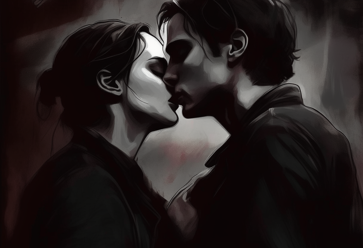 a man kiss the woman, love, sadness, dark ambiance, concept by Godfrey Blow, featured on deviantart, drawing, sots art, lyco art, artwork, photoillustration, poster art
