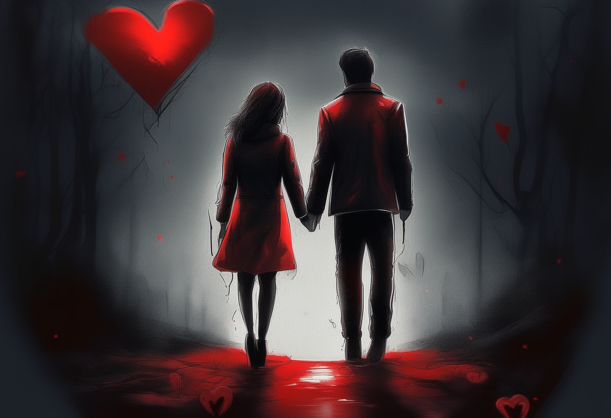 man and a wonderful woman walking hand in hand, love, red hearts, sadness, dark ambiance, concept by Godfrey Blow, featured on deviantart, drawing, sots art, lyco art, artwork, photoillustration, poster art
