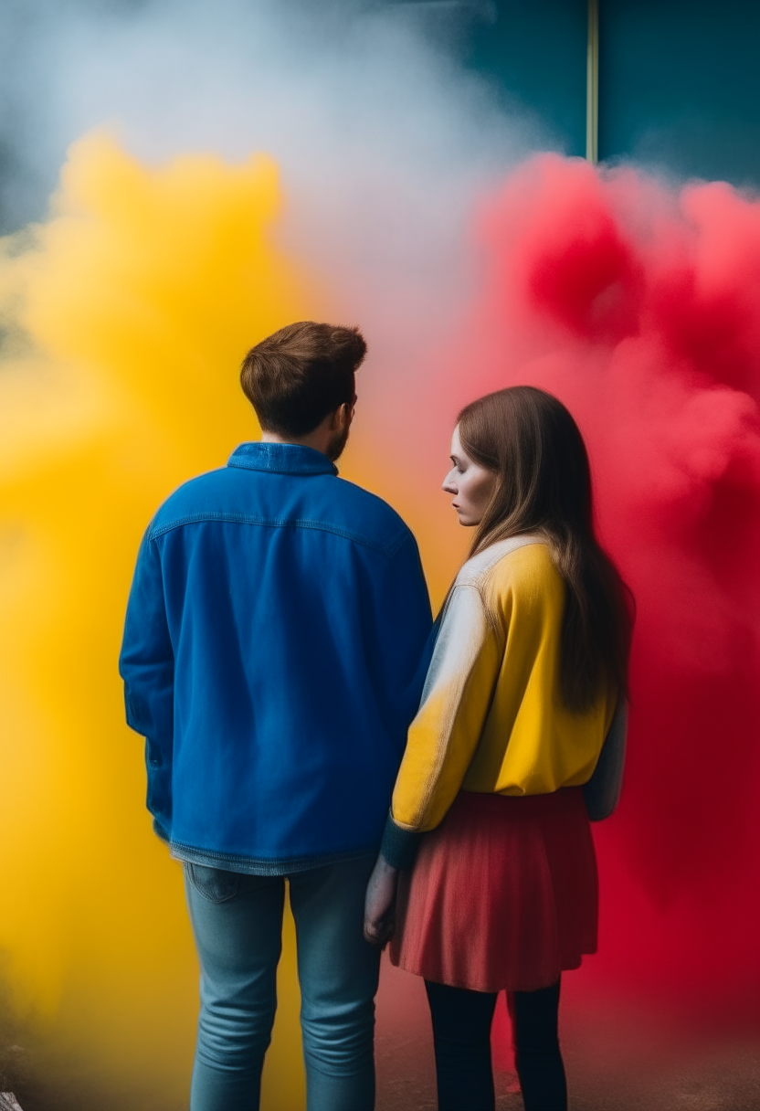 A man and his girlfriend are sad and saying goodbye in a private place with red and yellow colors and blue smoke clearly rising 