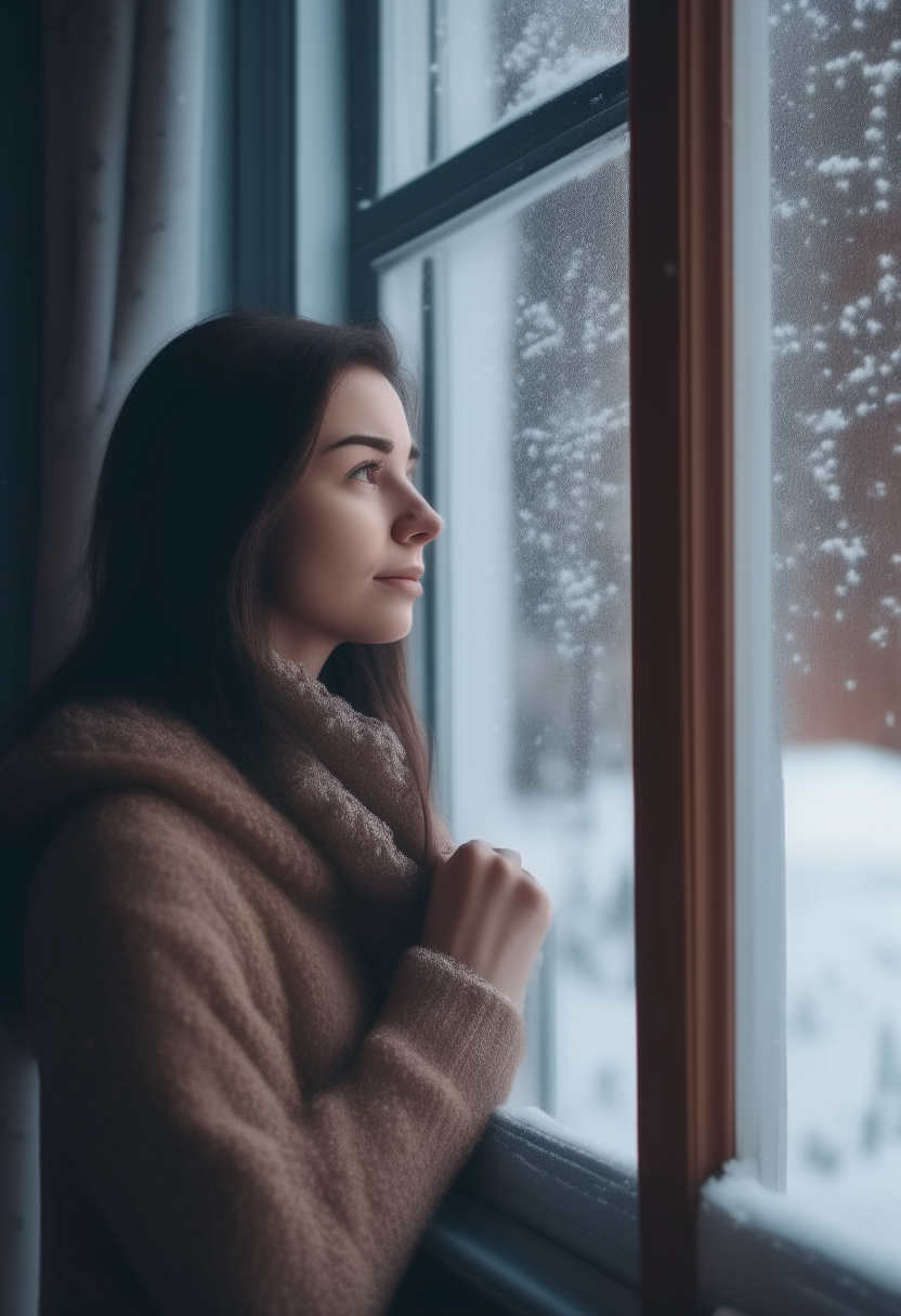 A beautiful woman in a house looks at the snow falling from the window and the weather is clear 