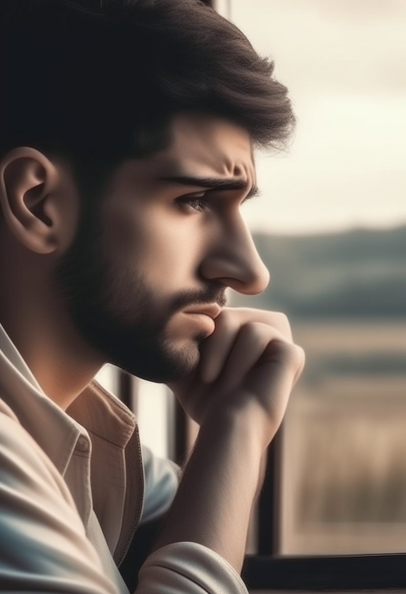 A beautiful man with his beloved saying farewell and sadness in a private place with a beautiful and clear view 