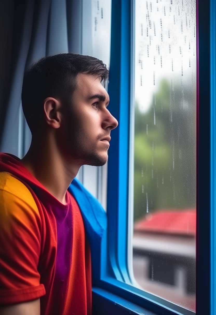 Beautiful man looking at the window watching the rain in a house with red, yellow and blue colors 