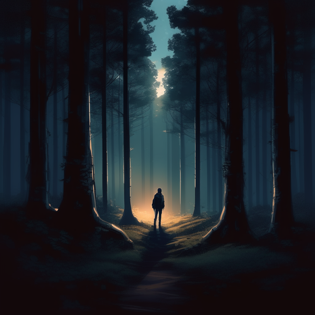 A lone traveler standing in a dense forest at dusk, looking uneasy as the shadows grow long beneath the dark canopy of trees.