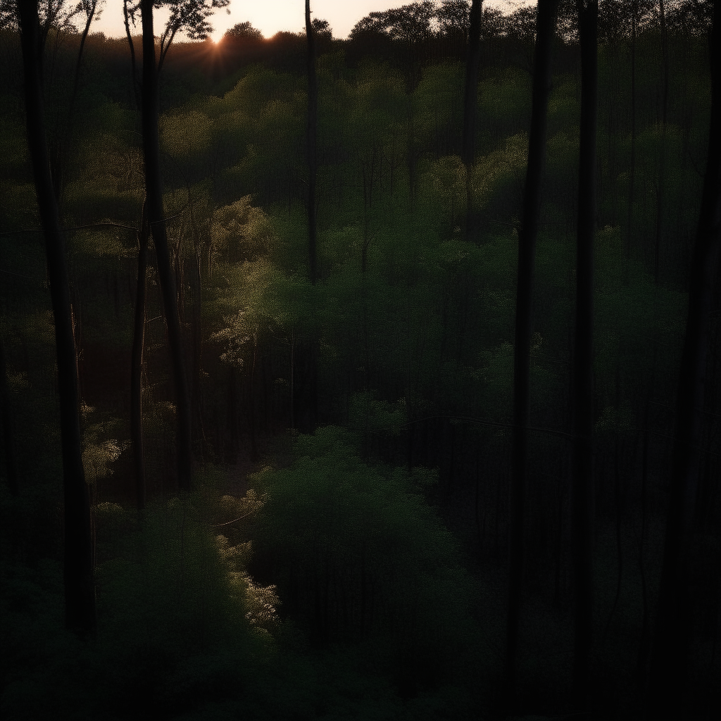 A dense forest at dusk, as shadows grow long beneath the dark canopy of trees.