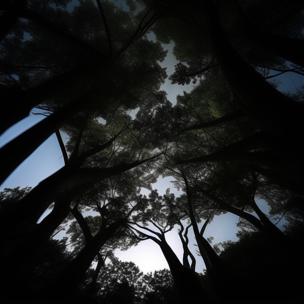 Shadows beneath the dense canopy of trees in a dark forest at dusk, seen from below the branches looking up