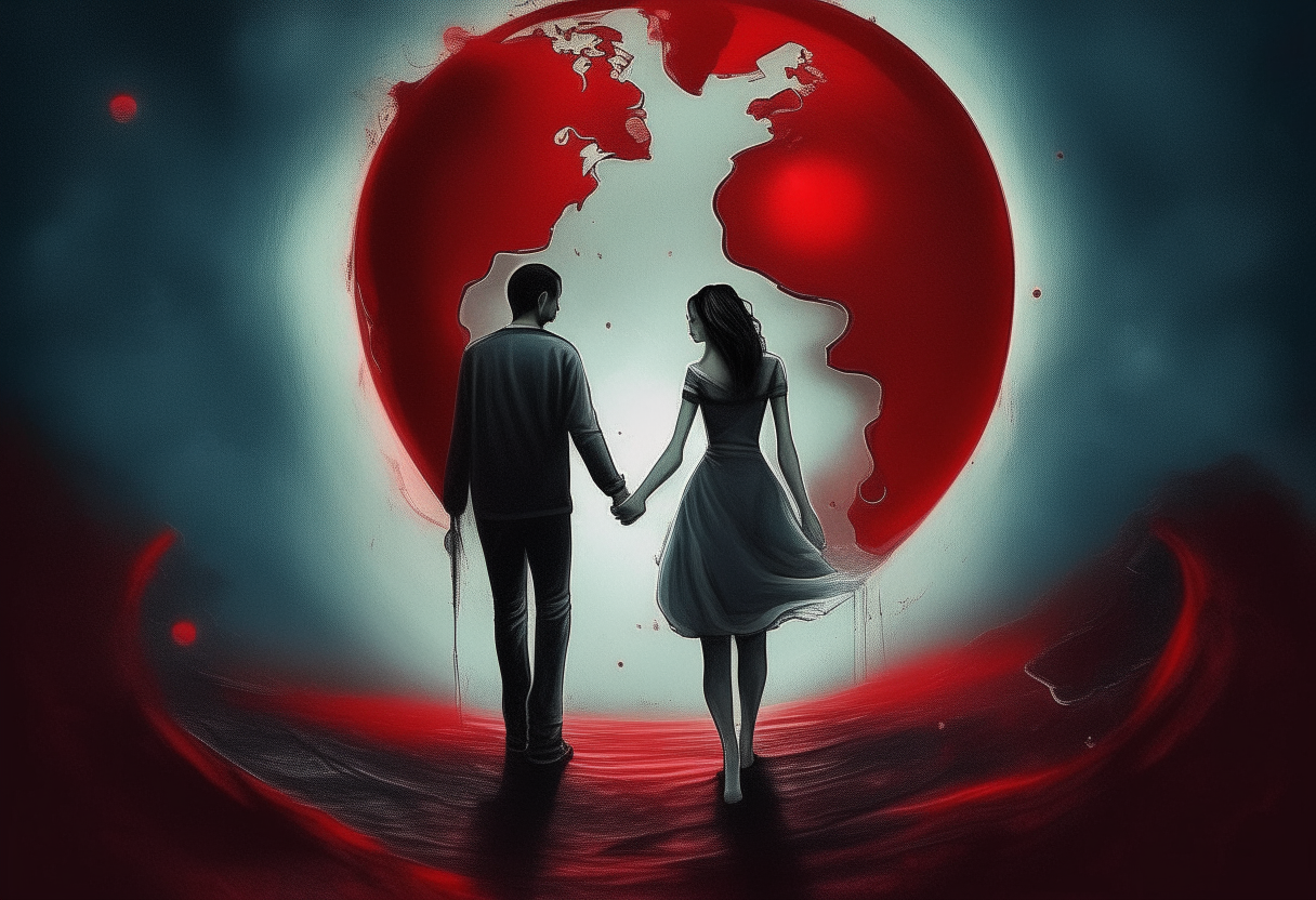 man walk hand in hand with a beautifull woman, spinning earth in background, love, red hearts, sadness, dark ambiance, concept by Godfrey Blow, featured on deviantart, drawing, sots art, lyco art, artwork, photoillustration, poster art