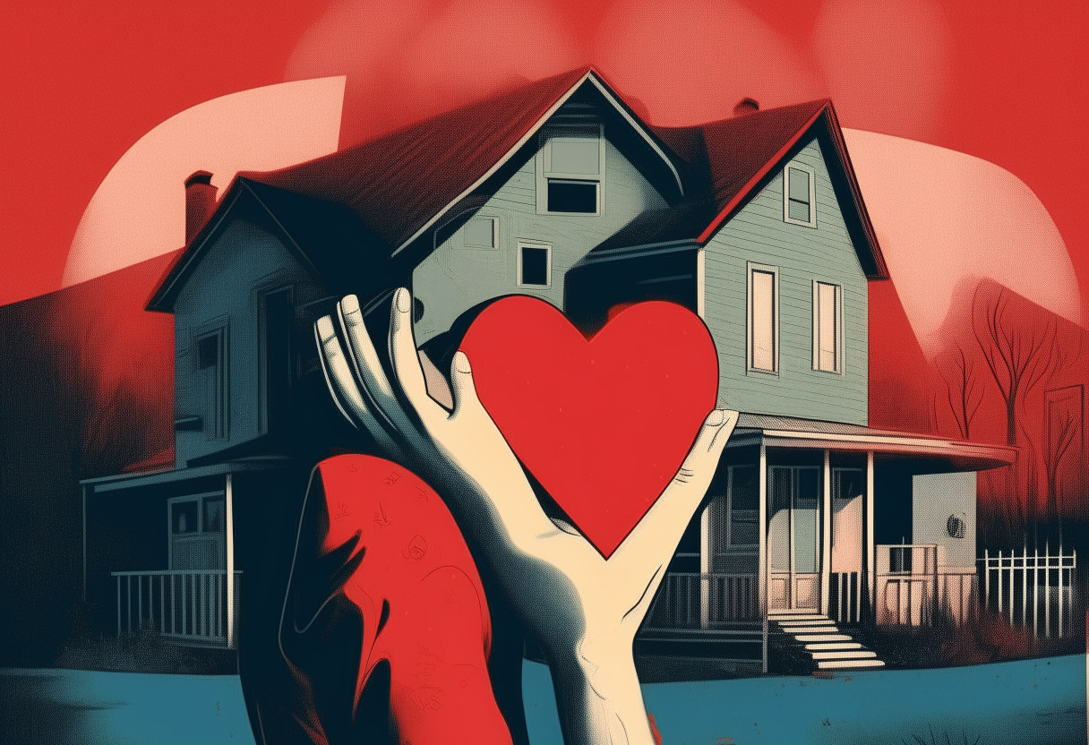 man  hold beautifull woman hand, house in the background, love, red hearts, concept by Godfrey Blow, featured on deviantart, drawing, sots art, lyco art, artwork, photoillustration, poster art